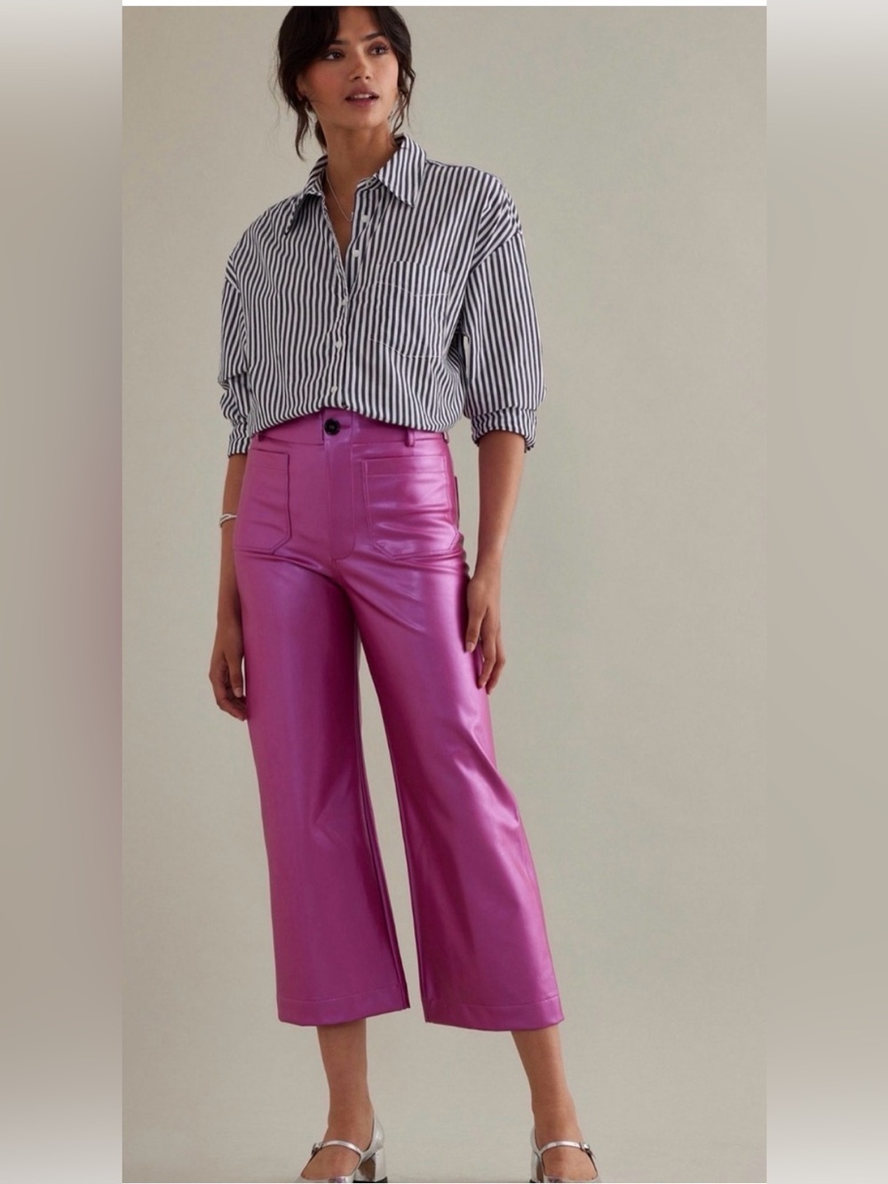 Anthropologie Maeve The Colette Cropped Wide-Leg Vegan Leather Pants- Rose Pink